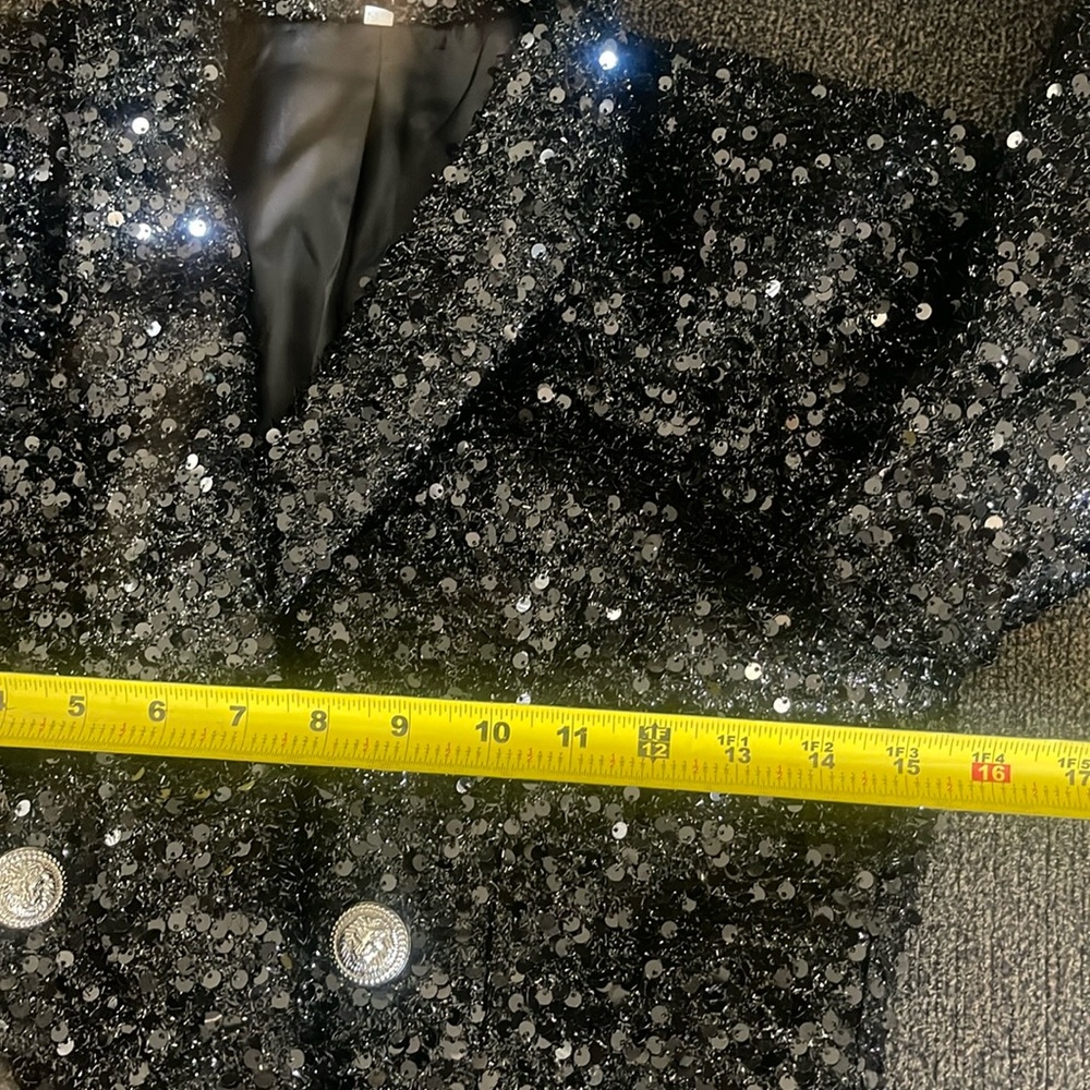 Betsy Moss Sequin Holiday Festive Party Oversized Blazer Black Silver Buttons S - Picture 5 of 11